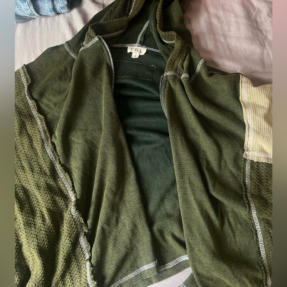 POL Forest Green Ribbed Knit Zip Up